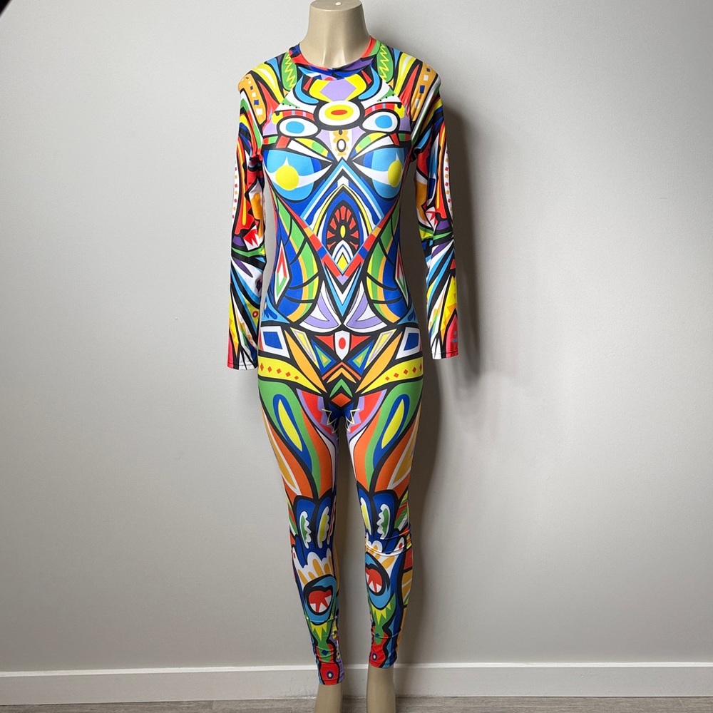 SHEIN Multicolor Geometric Long-Sleeve One-Piece Swimsuit NWOT